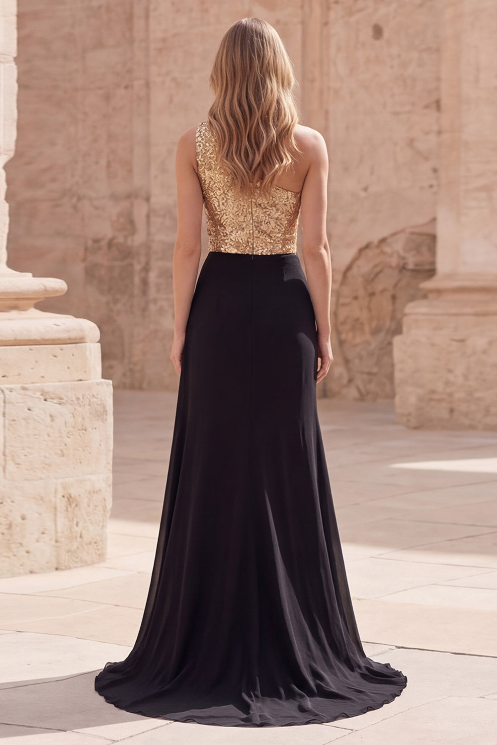 Sparkly Gold and Black One Shoulder Mermaid Long Prom Dress with Slit