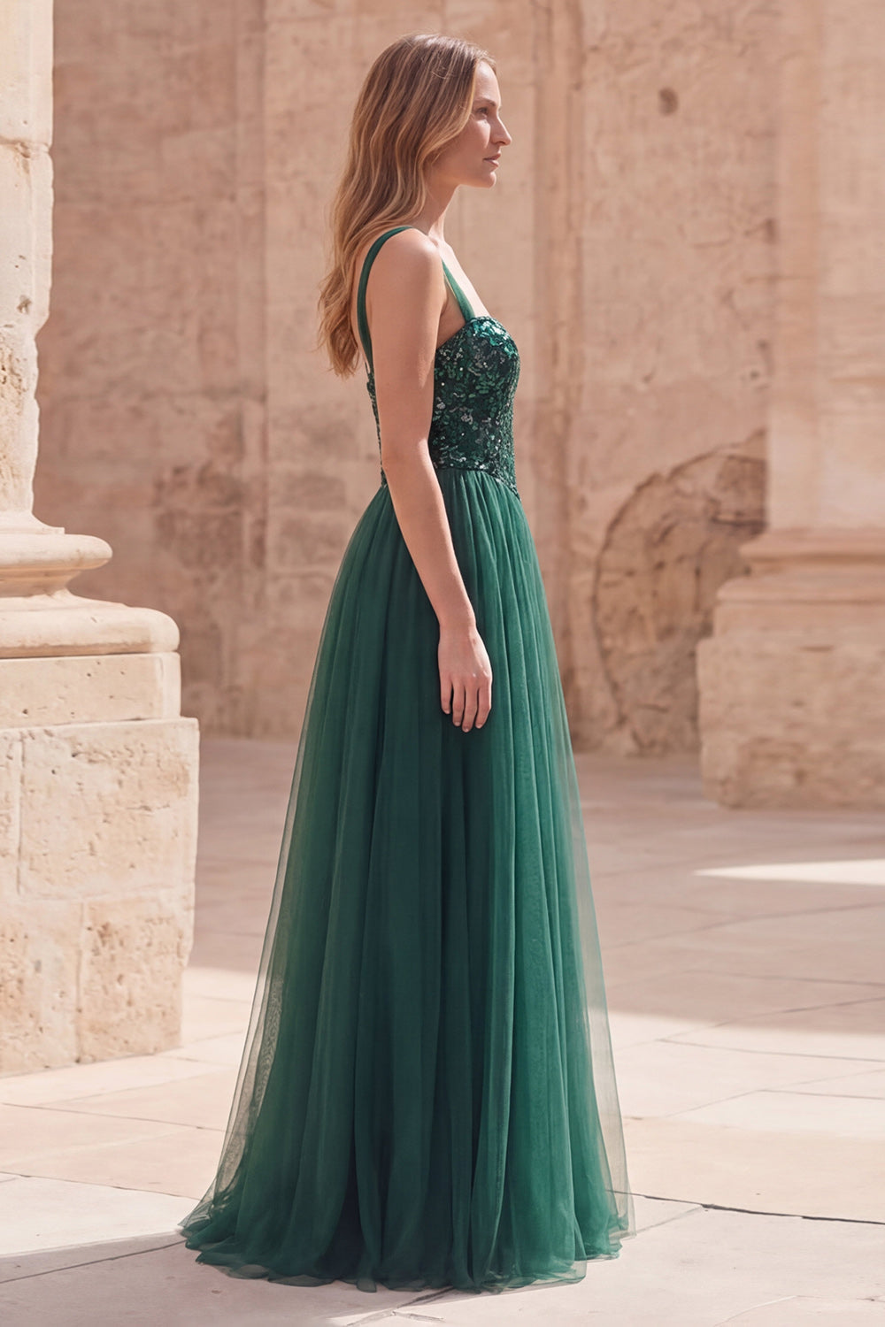 Robe de bal longue en sequin, bretelles spaghetti, coupe évasée, vert foncé