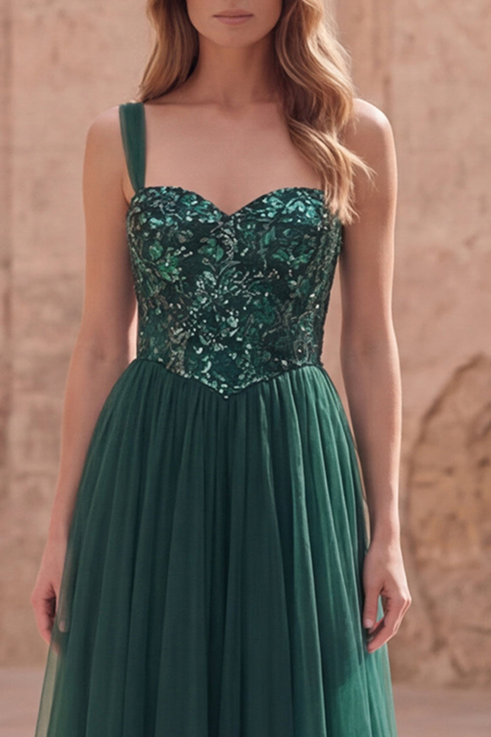 Robe de bal longue en sequin, bretelles spaghetti, coupe évasée, vert foncé