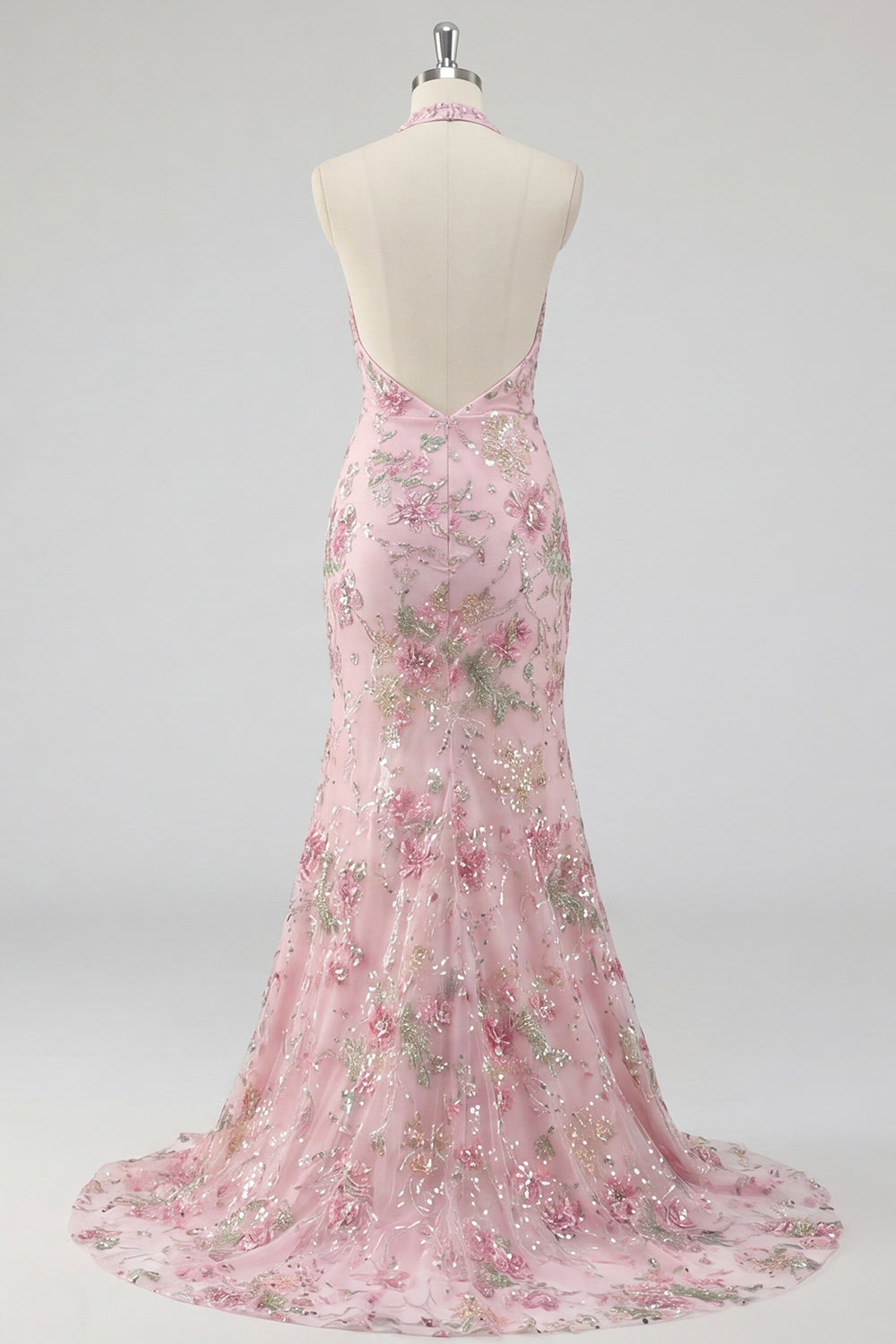 Sparkly Mermaid Pink Floral Halter Neck Backless Long Prom Dress with Slit