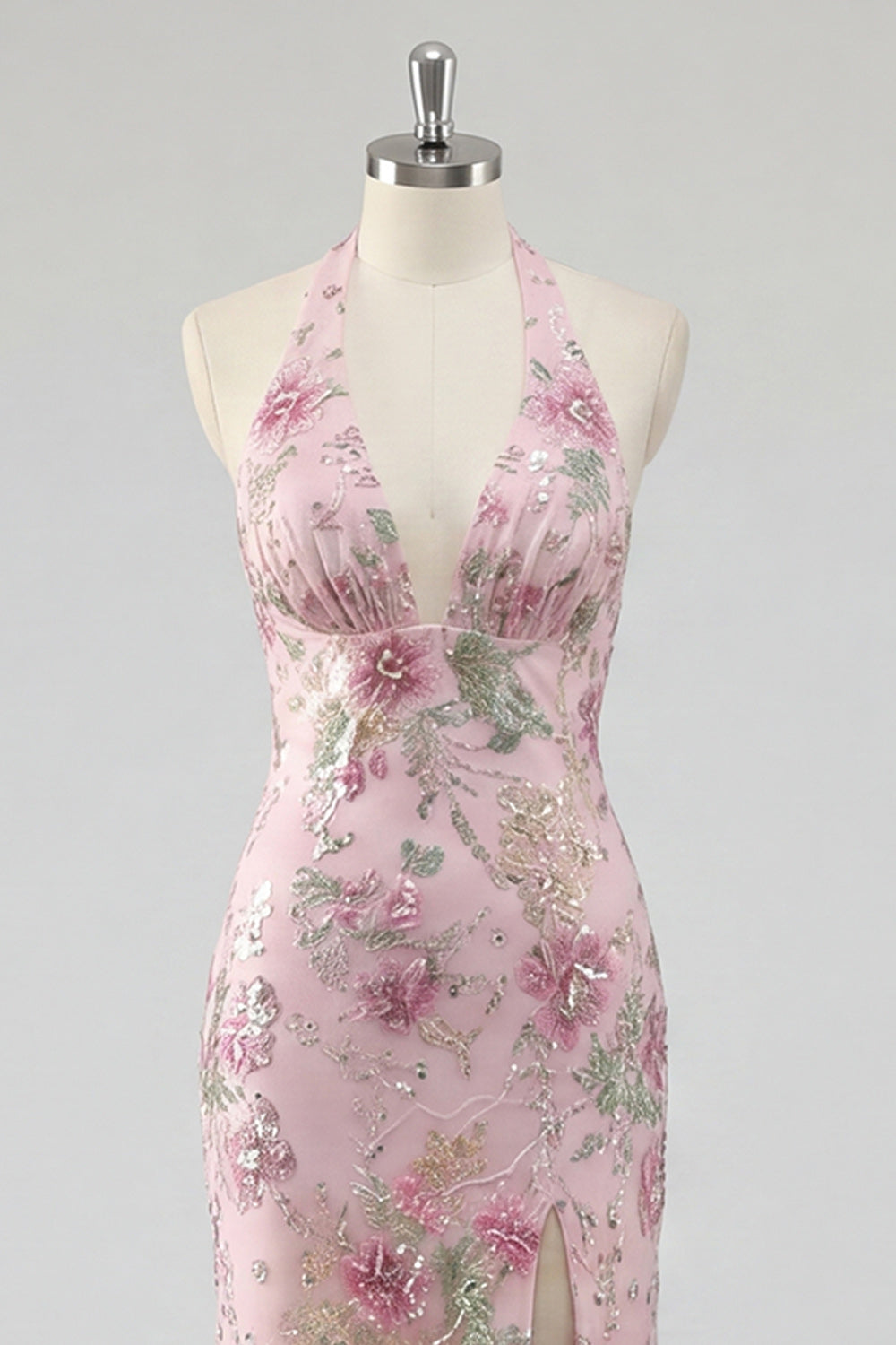 Sparkly Mermaid Pink Floral Halter Neck Backless Long Prom Dress with Slit