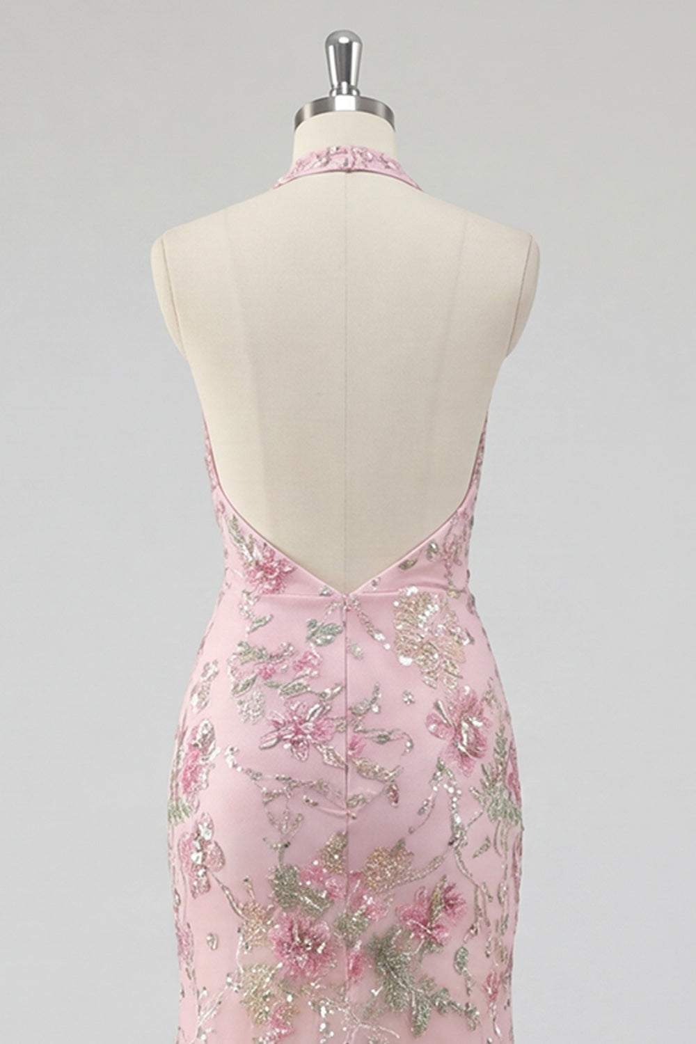 Sparkly Mermaid Pink Floral Halter Neck Backless Long Prom Dress with Slit