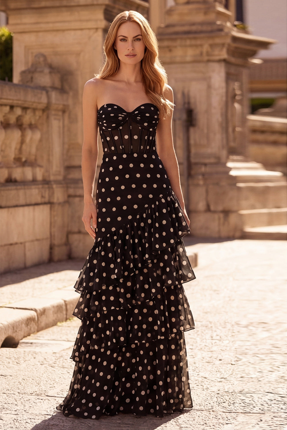 Black Polka Dot Sweetheart Corset Ruffled Tiered Long Prom Dress