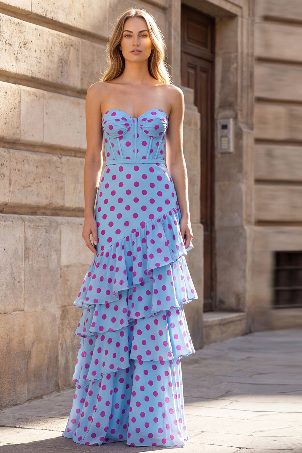 Black Polka Dot Sweetheart Corset Ruffled Tiered Long Prom Dress