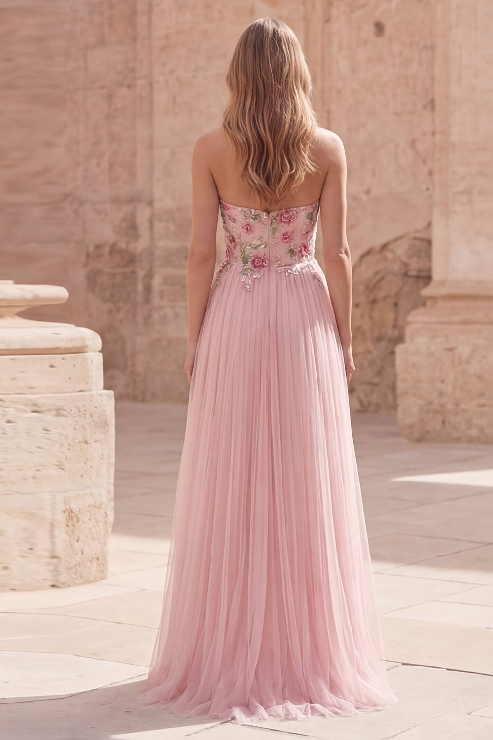 Sparkly Pink A-Line Sweetheart Appliqued Tulle Prom Dress with Beading