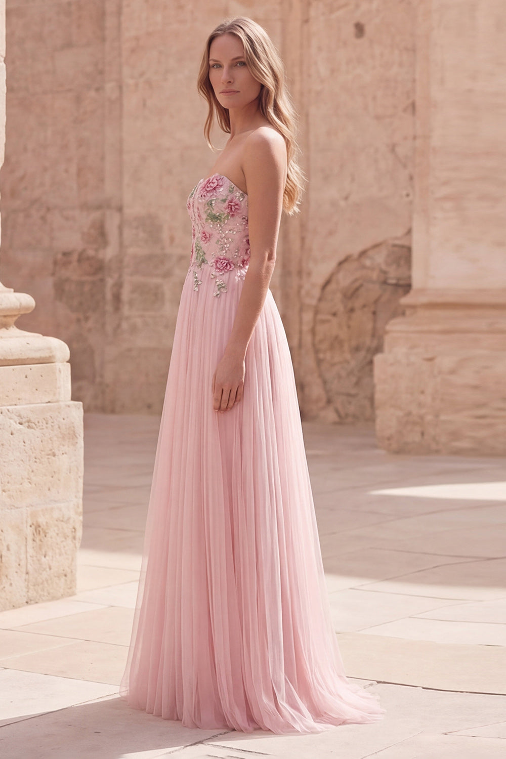 Sparkly Pink A-Line Sweetheart Appliqued Tulle Prom Dress with Beading