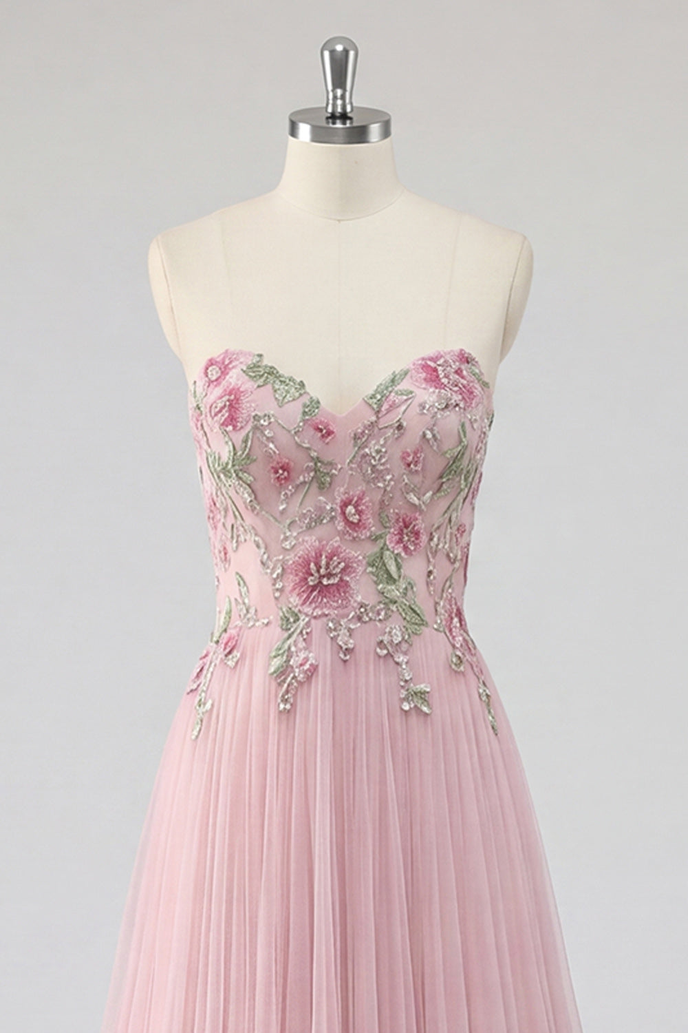 Sparkly Pink A-Line Sweetheart Appliqued Tulle Prom Dress with Beading