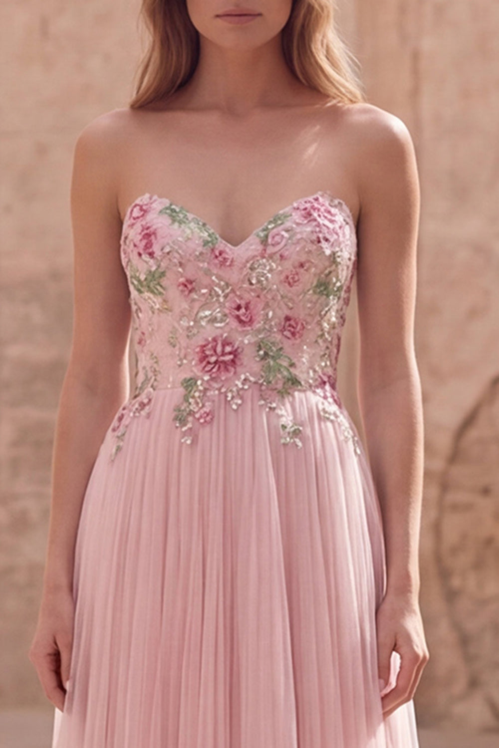 Sparkly Pink A-Line Sweetheart Appliqued Tulle Prom Dress with Beading