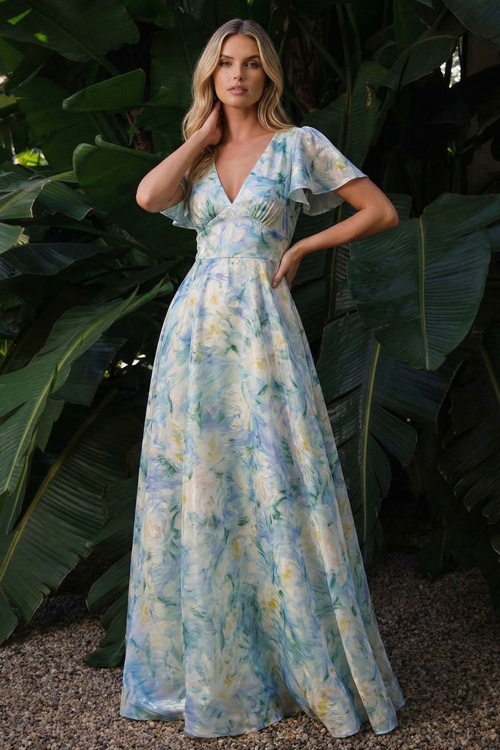 Vestido largo formal con cuello en V y corte en A floral verde claro