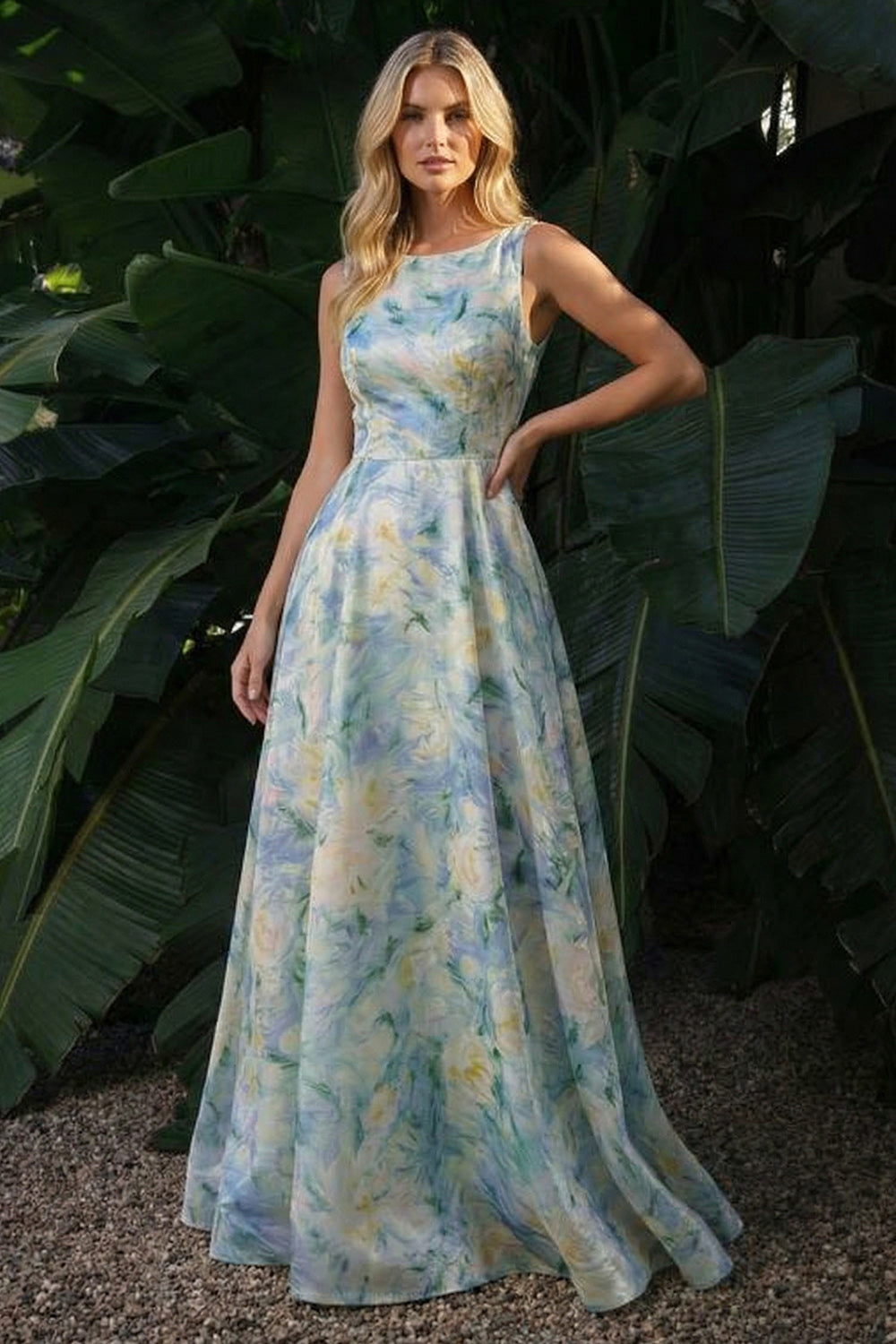 Light Green A-Line Boat Neck Floral Long Formal Dress