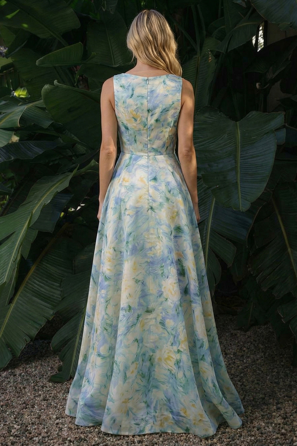 Light Green A-Line Boat Neck Floral Long Formal Dress