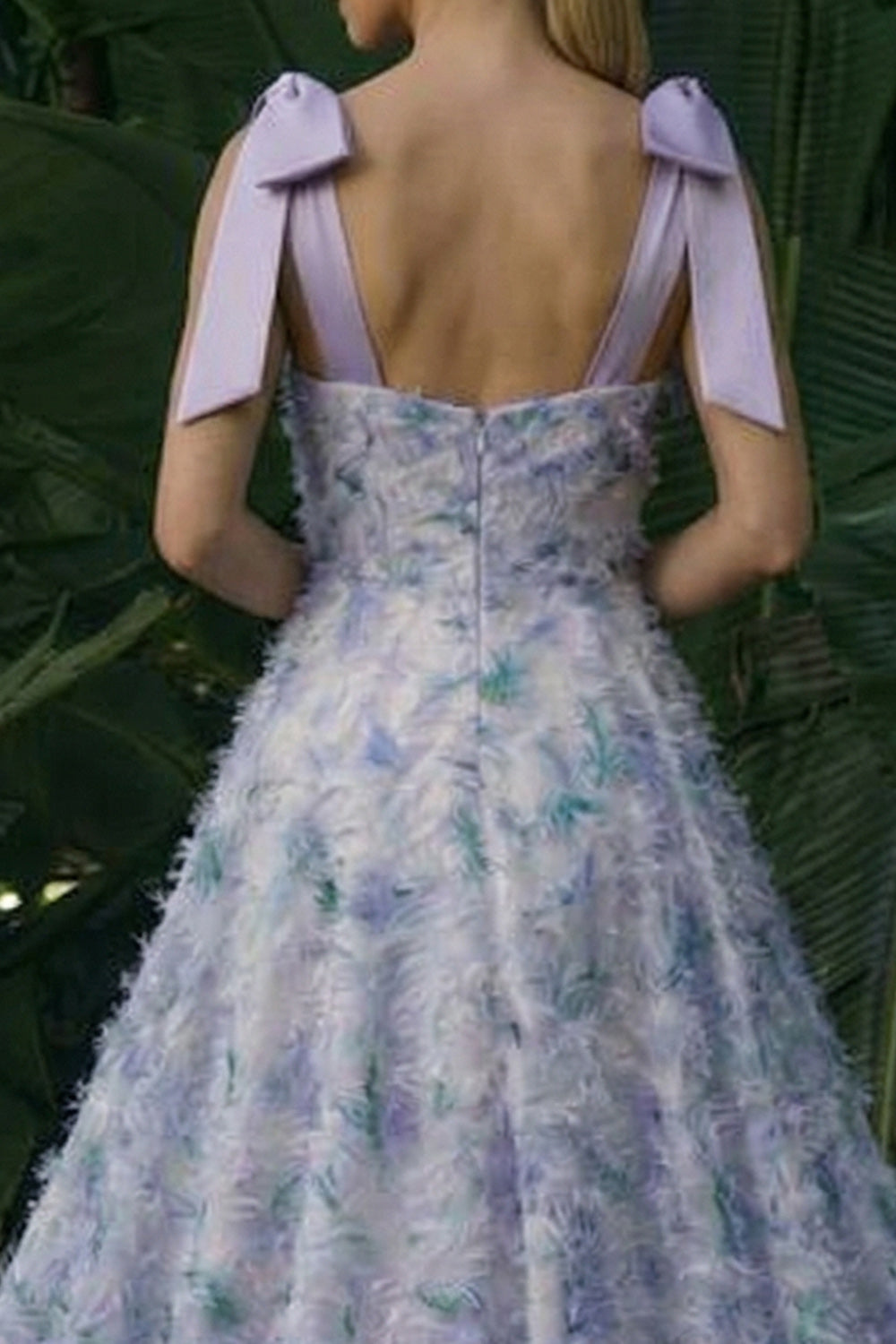 Robe de soirée longue trapèze à fleurs violet clair avec nœuds