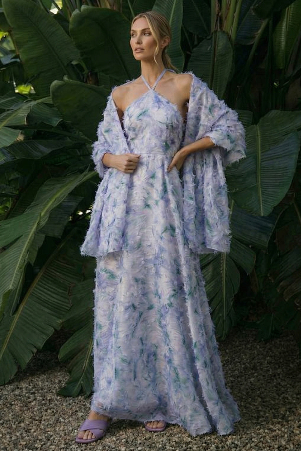 Light Purple Long Floral A-Line Halter Backless Formal Dress with Cape