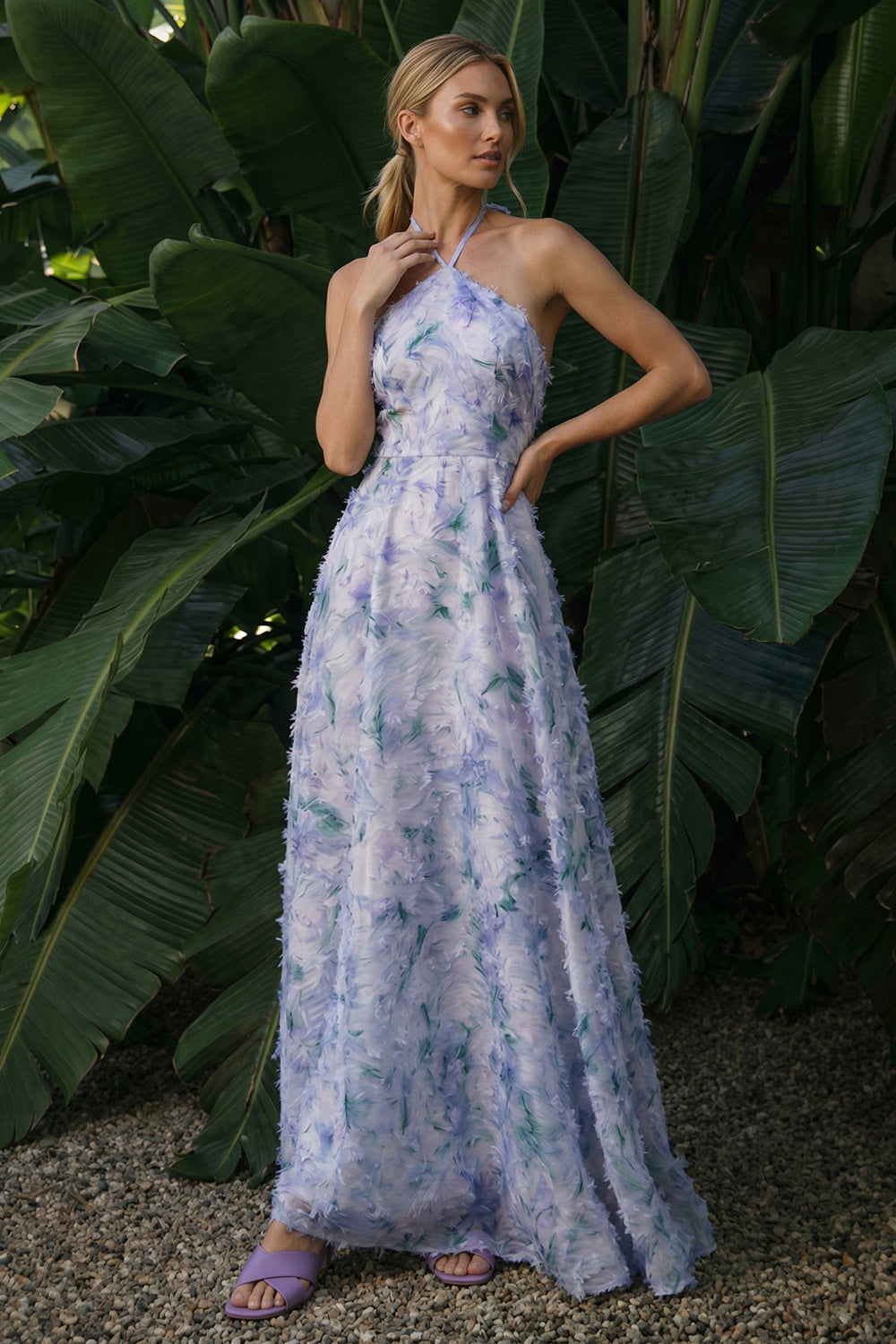Light Purple Long Floral A-Line Halter Backless Formal Dress with Cape