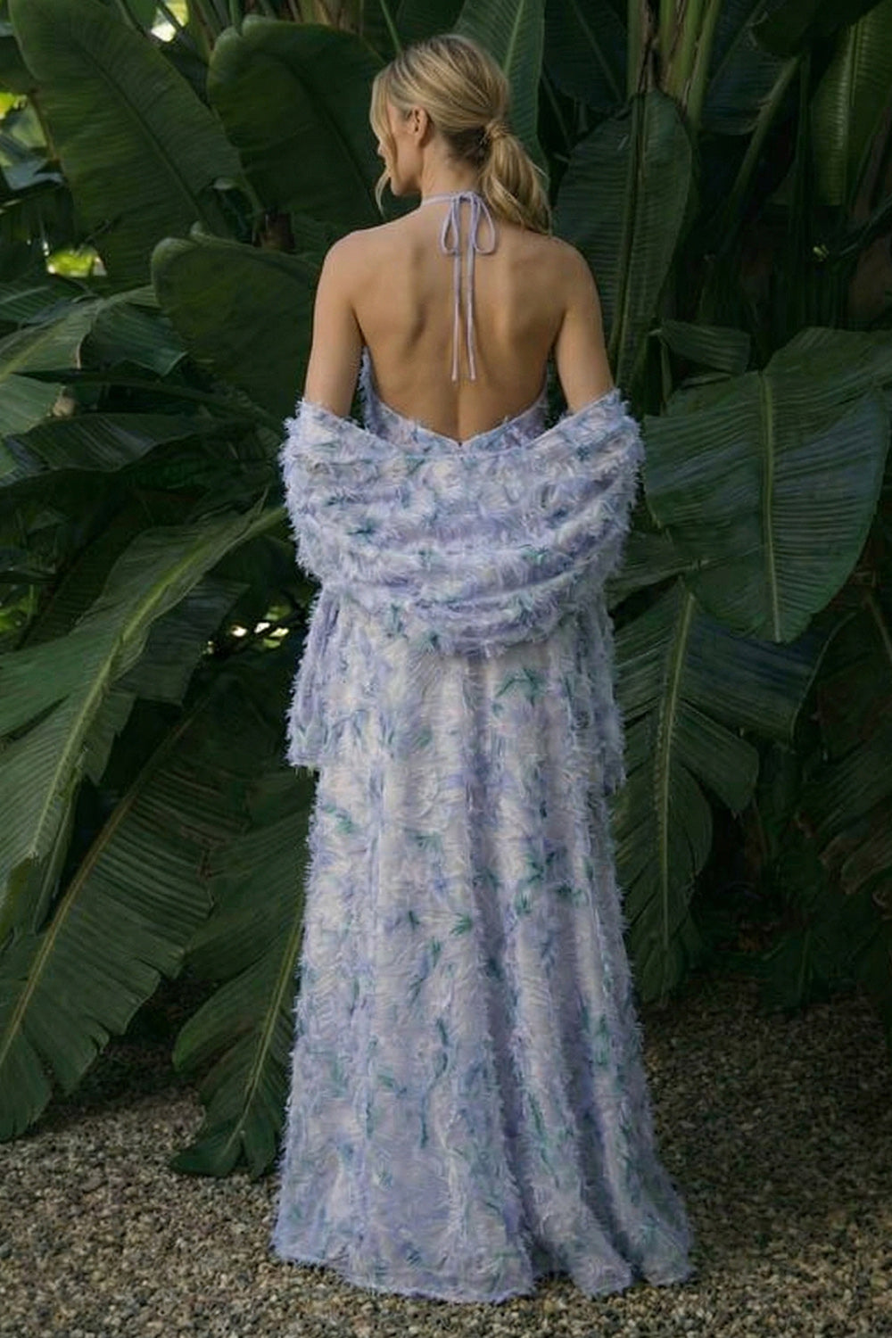 Light Purple Long Floral A-Line Halter Backless Formal Dress with Cape