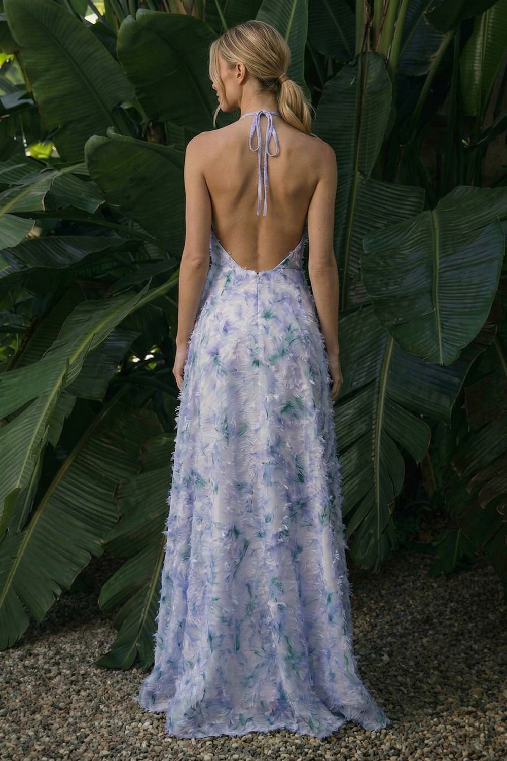 Light Purple Long Floral A-Line Halter Backless Formal Dress with Cape
