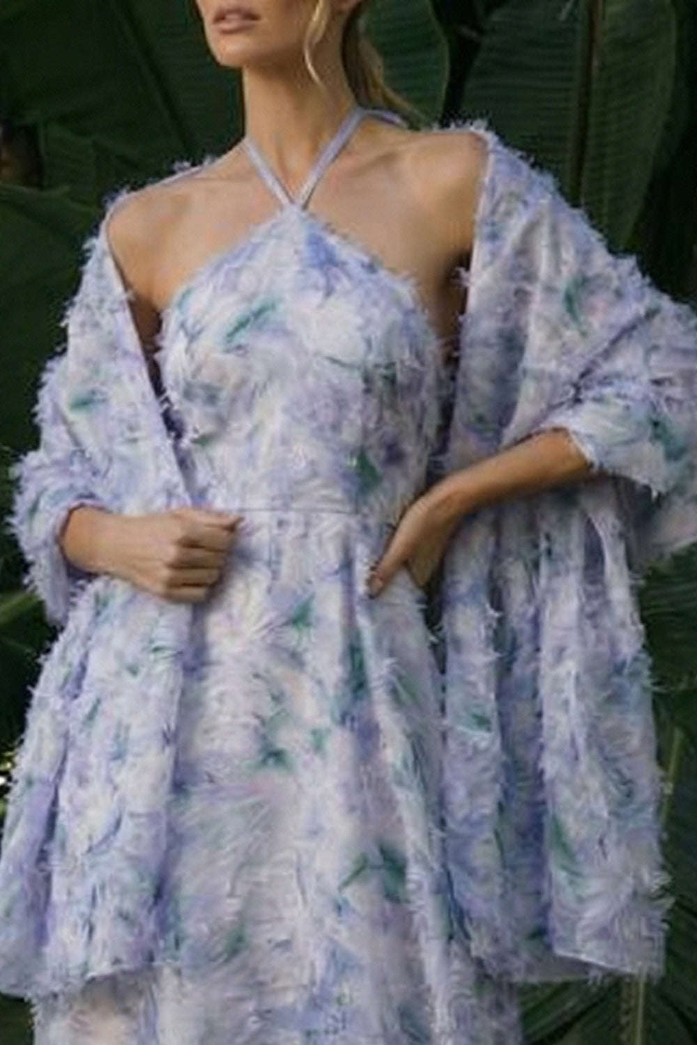 Light Purple Long Floral A-Line Halter Backless Formal Dress with Cape