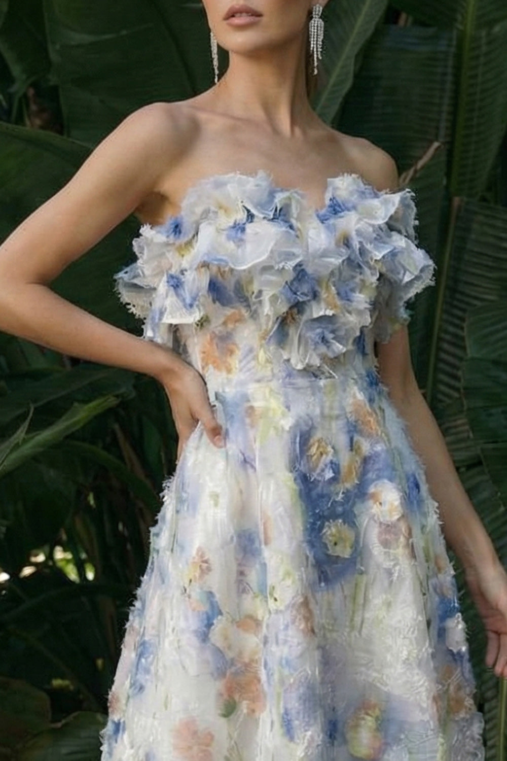 Light Blue A-Line Ruffled Floral Long Formal Dress