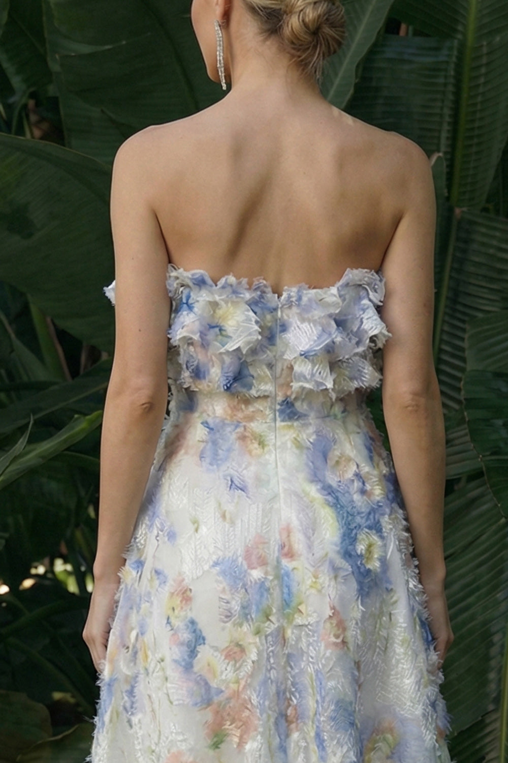 Light Blue A-Line Ruffled Floral Long Formal Dress