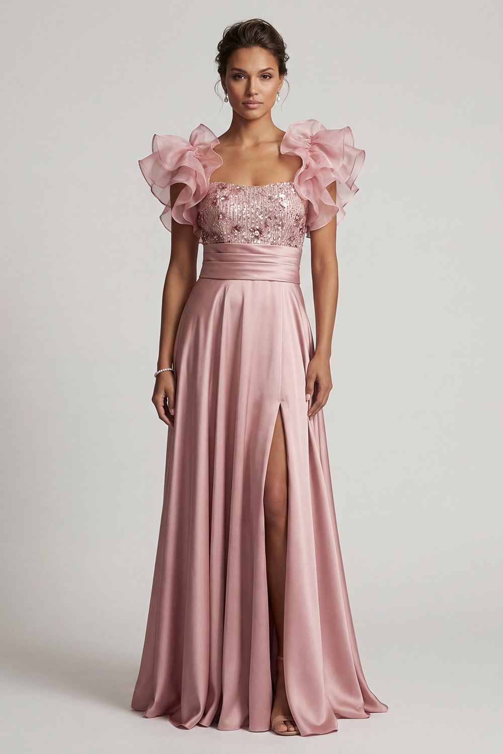 Dusty Rose A-line Ruffled Sequin Long Mother of the Bride Dress with Slit