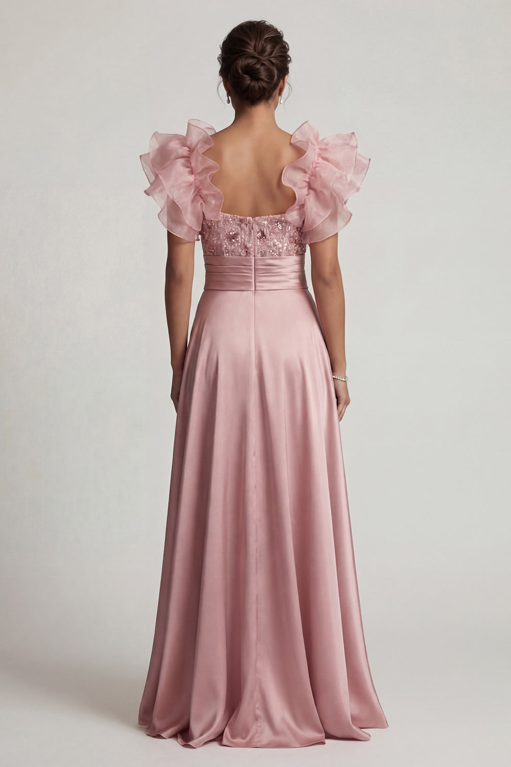Dusty Rose A-line Ruffled Sequin Long Mother of the Bride Dress with Slit