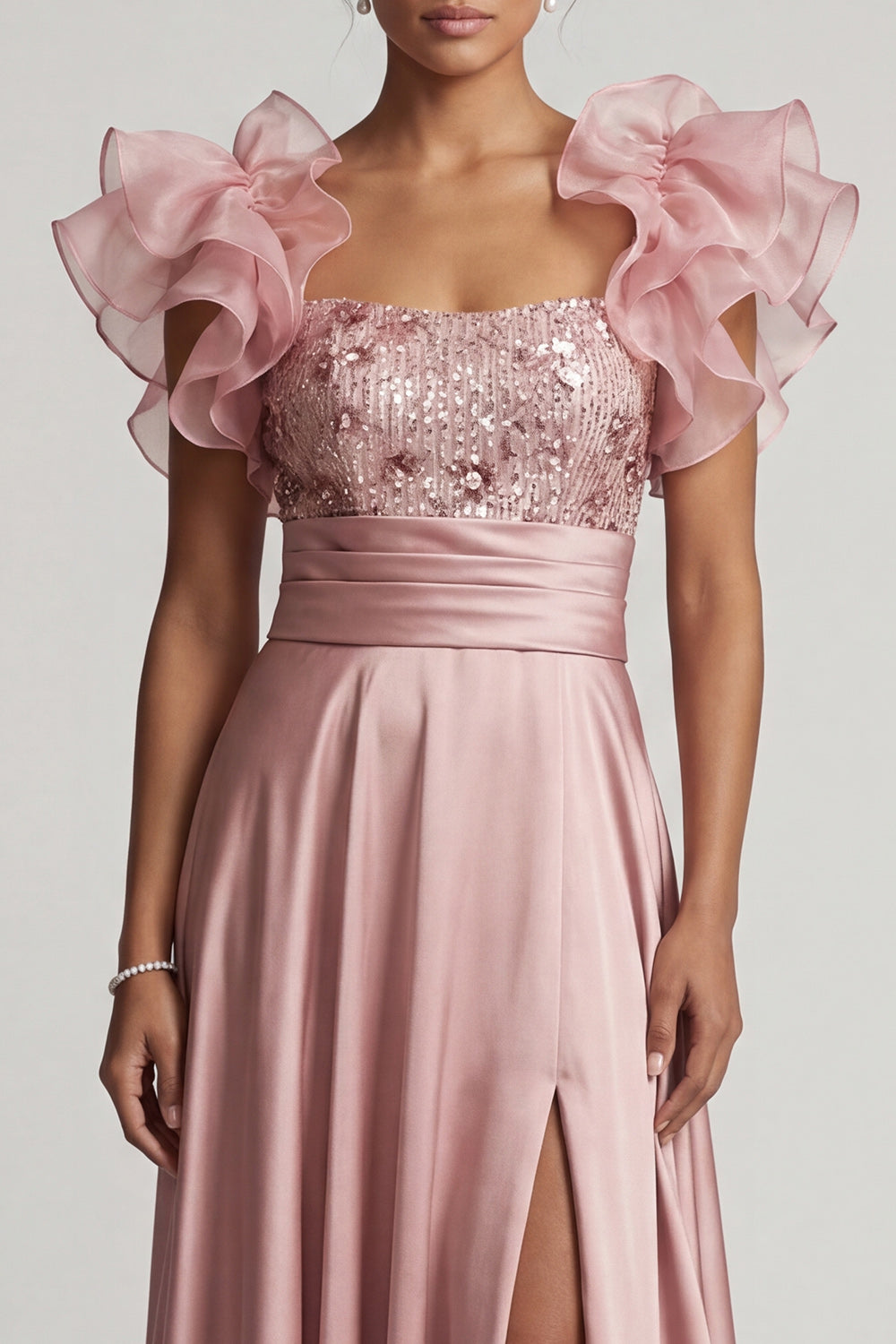 Dusty Rose A-line Ruffled Sequin Long Mother of the Bride Dress with Slit
