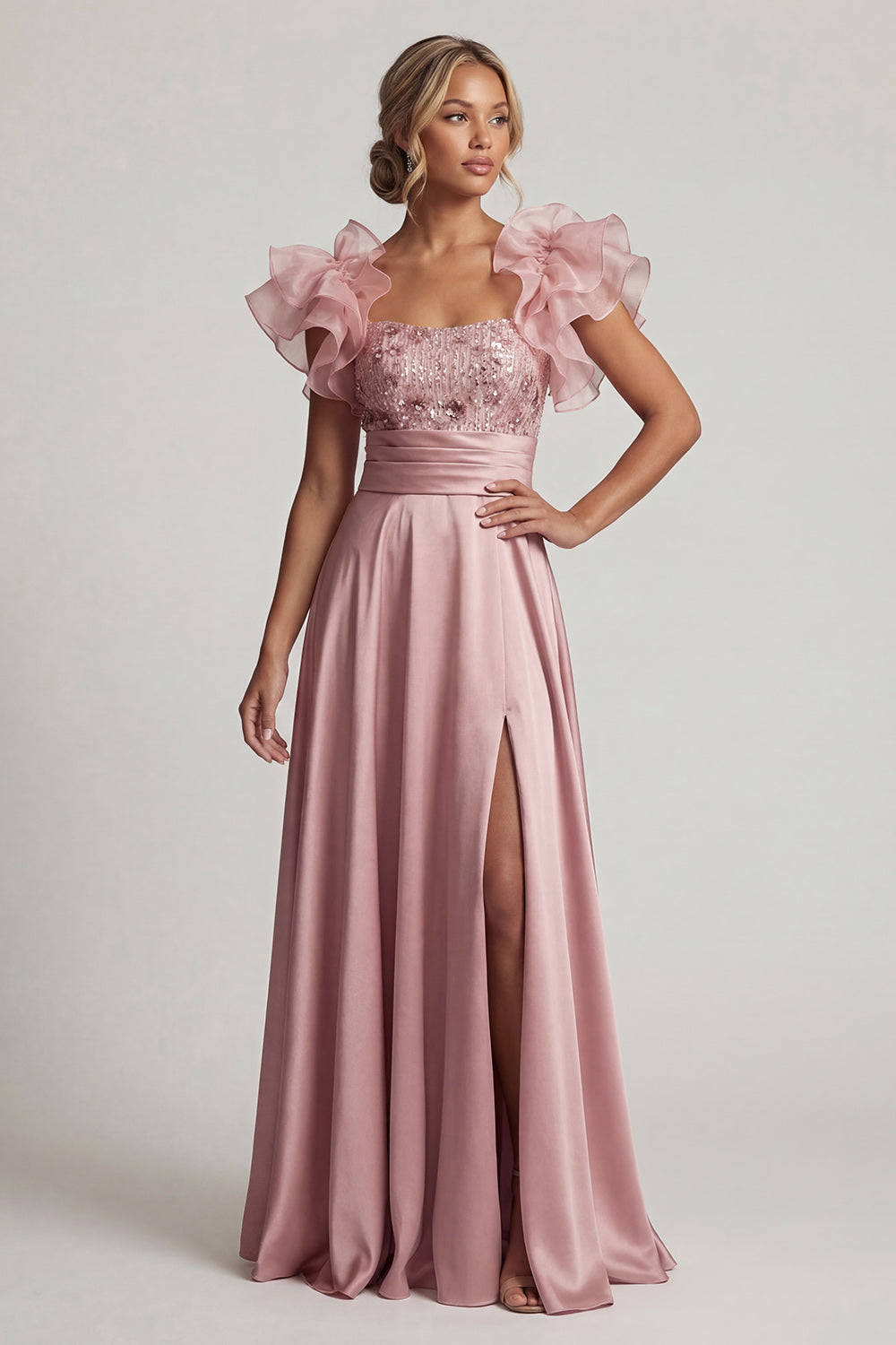 Dusty Rose A-line Ruffled Sequin Long Mother of the Bride Dress with Slit