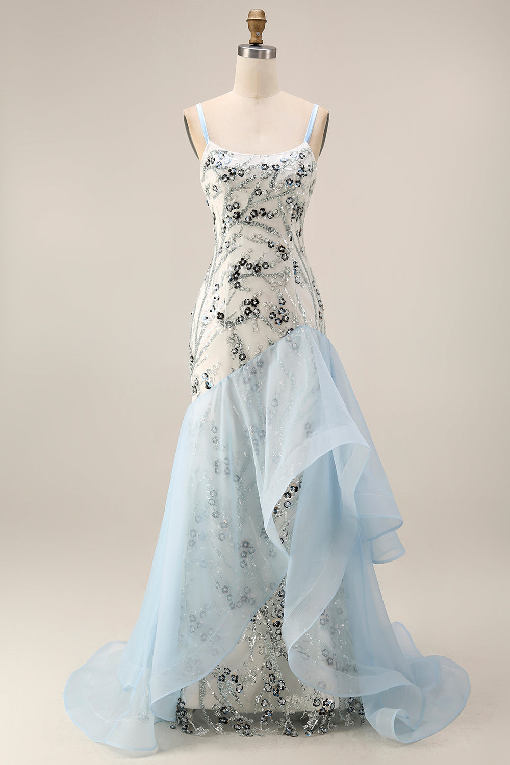 Robe de bal longue sirène en sequins bleu clair avec volants