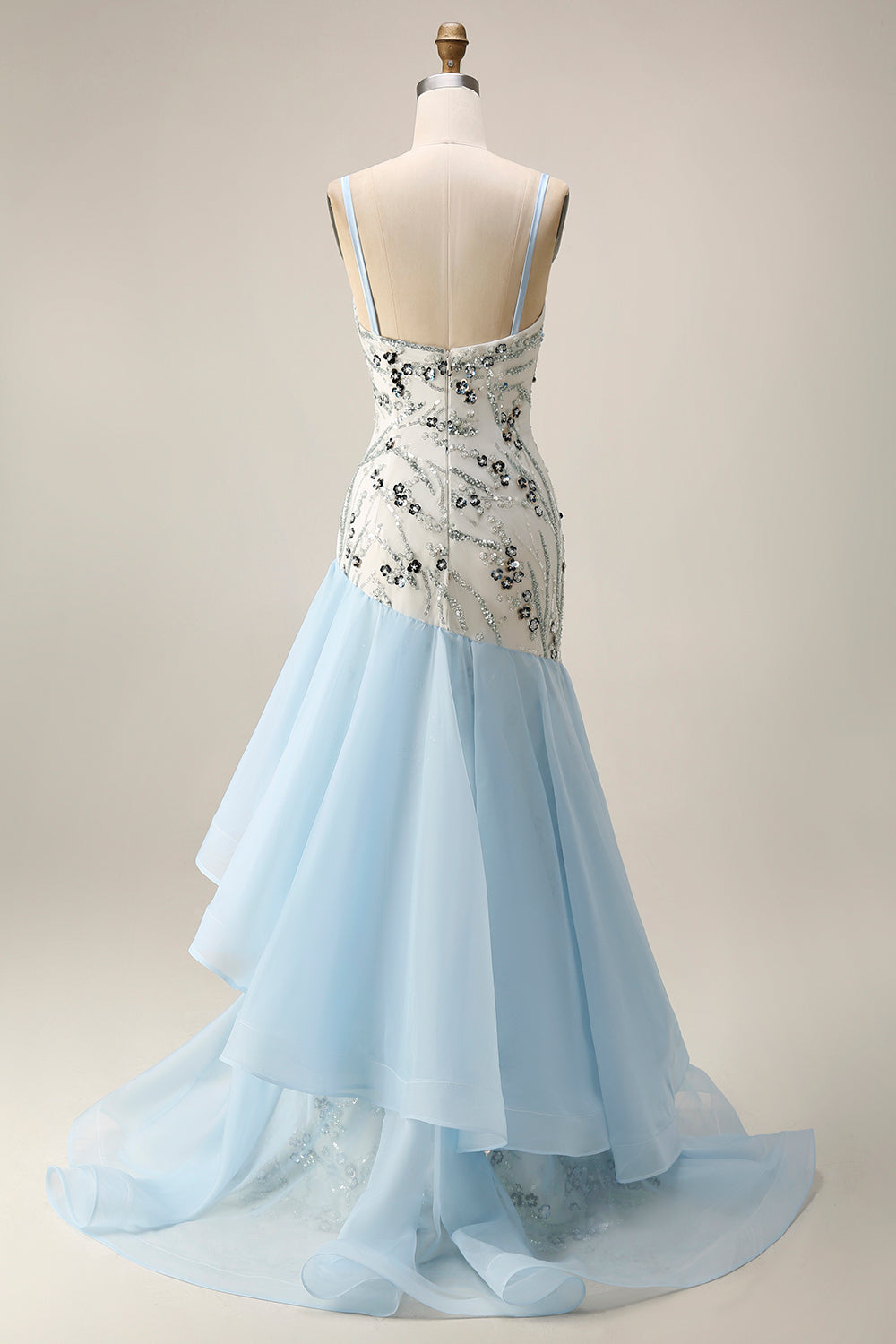 Robe de bal longue sirène en sequins bleu clair avec volants