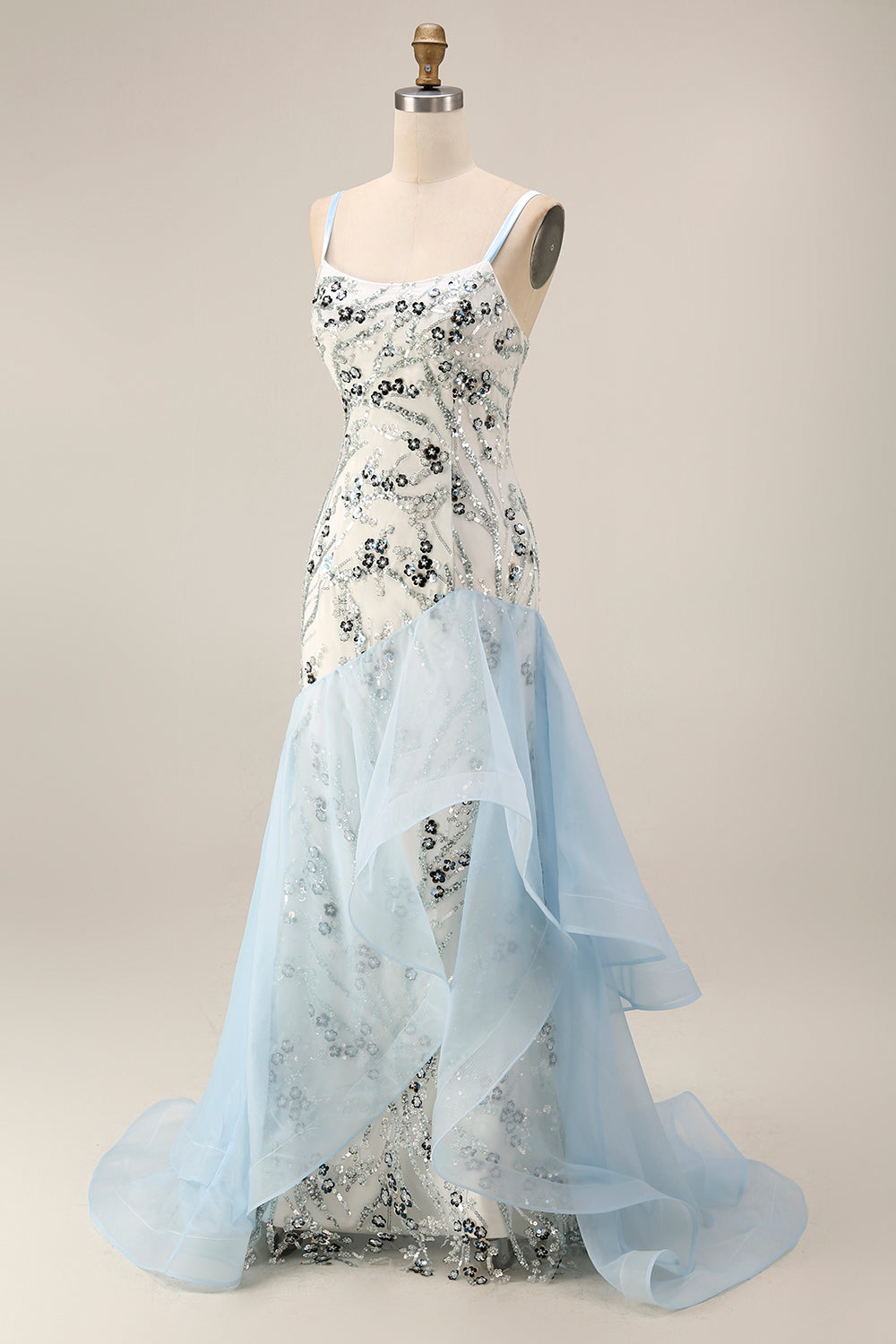 Robe de bal longue sirène en sequins bleu clair avec volants