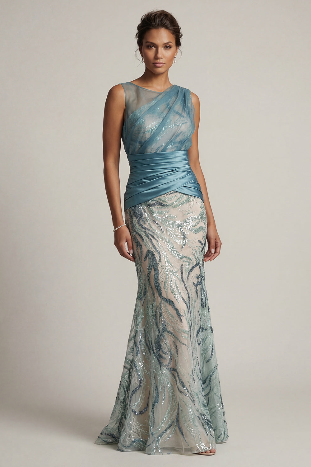Lake Blue Sequin Mermaid Ruched Mother Of the Bride Dress