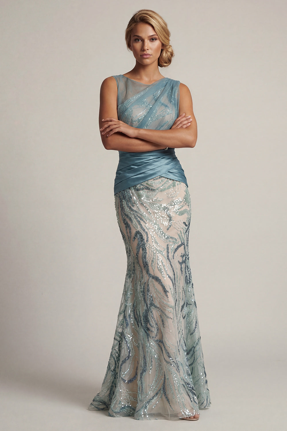 Lake Blue Sequin Mermaid Ruched Mother Of the Bride Dress