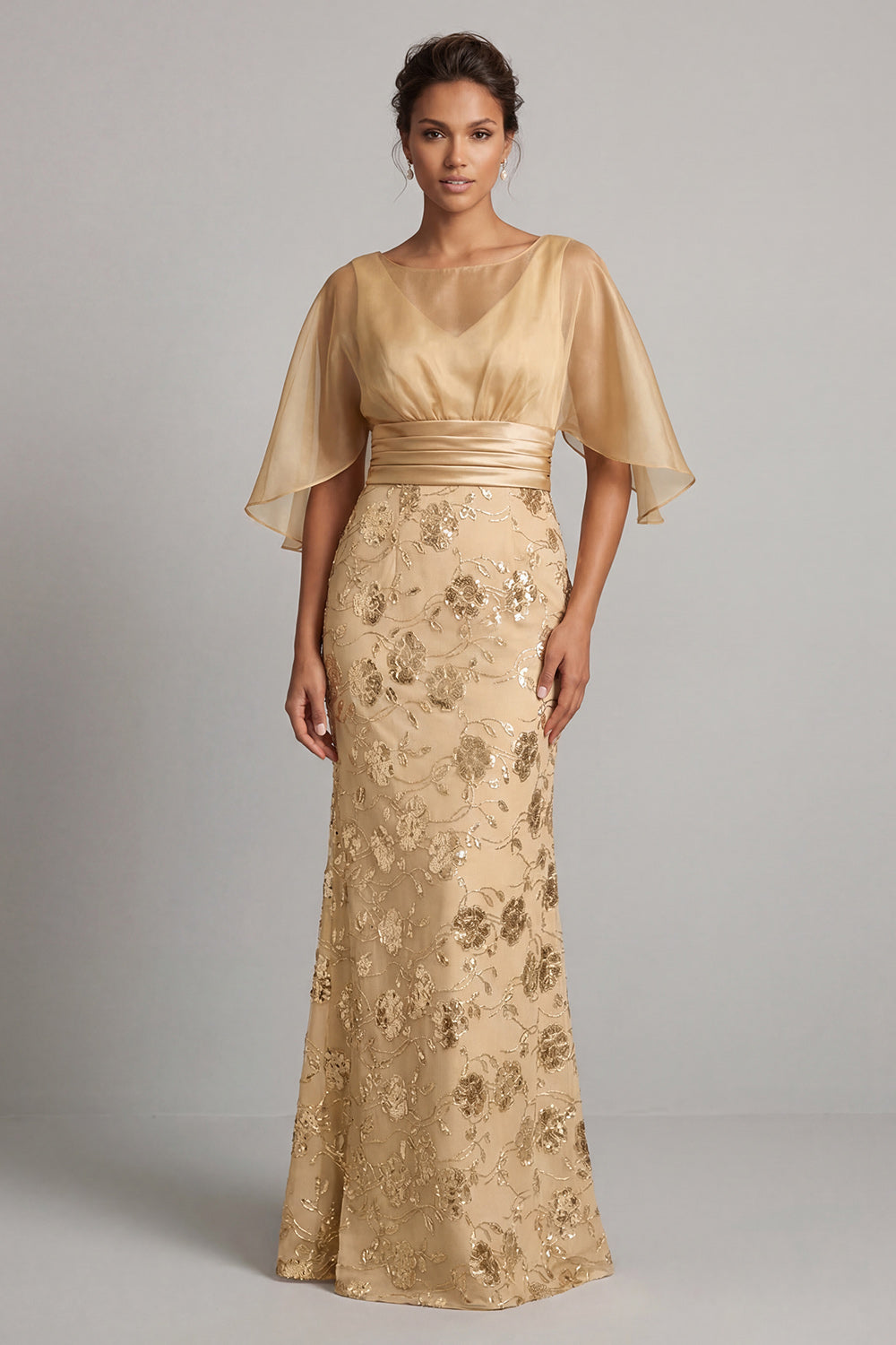 Robe de Mère de la Mariée Sirène à Paillettes et Demi-Manches