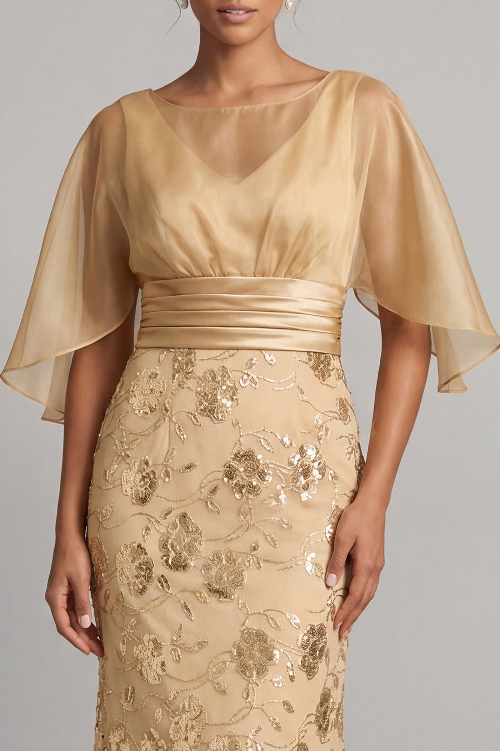 Robe de Mère de la Mariée Sirène à Paillettes et Demi-Manches