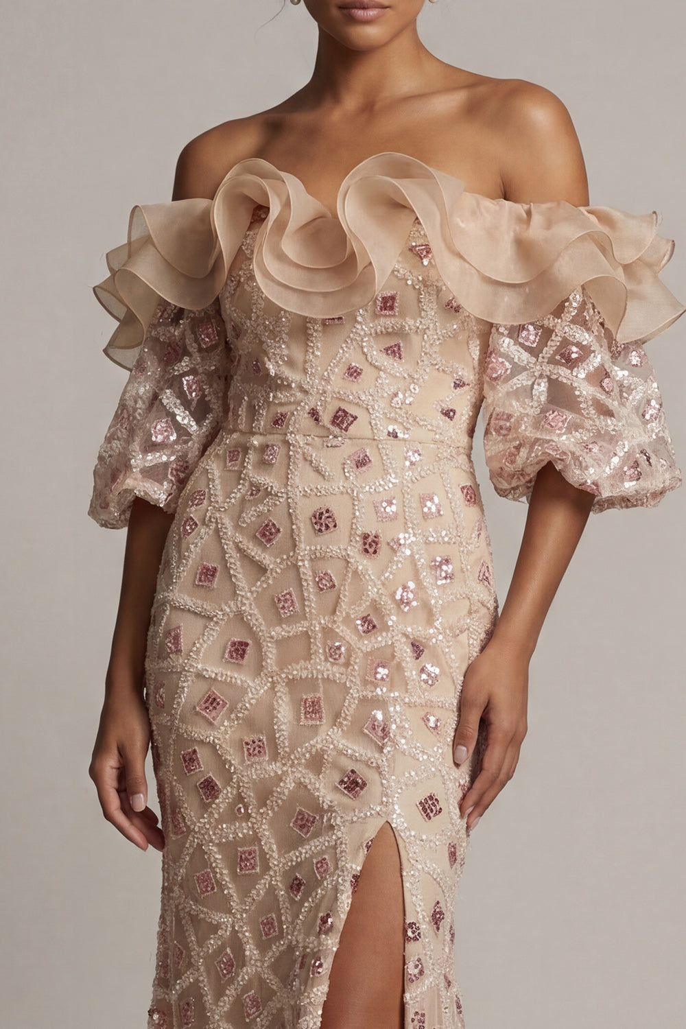 Champagne Off-the-Shoulder Mermaid Sequined Long Mother of the Bride Dress with Slit