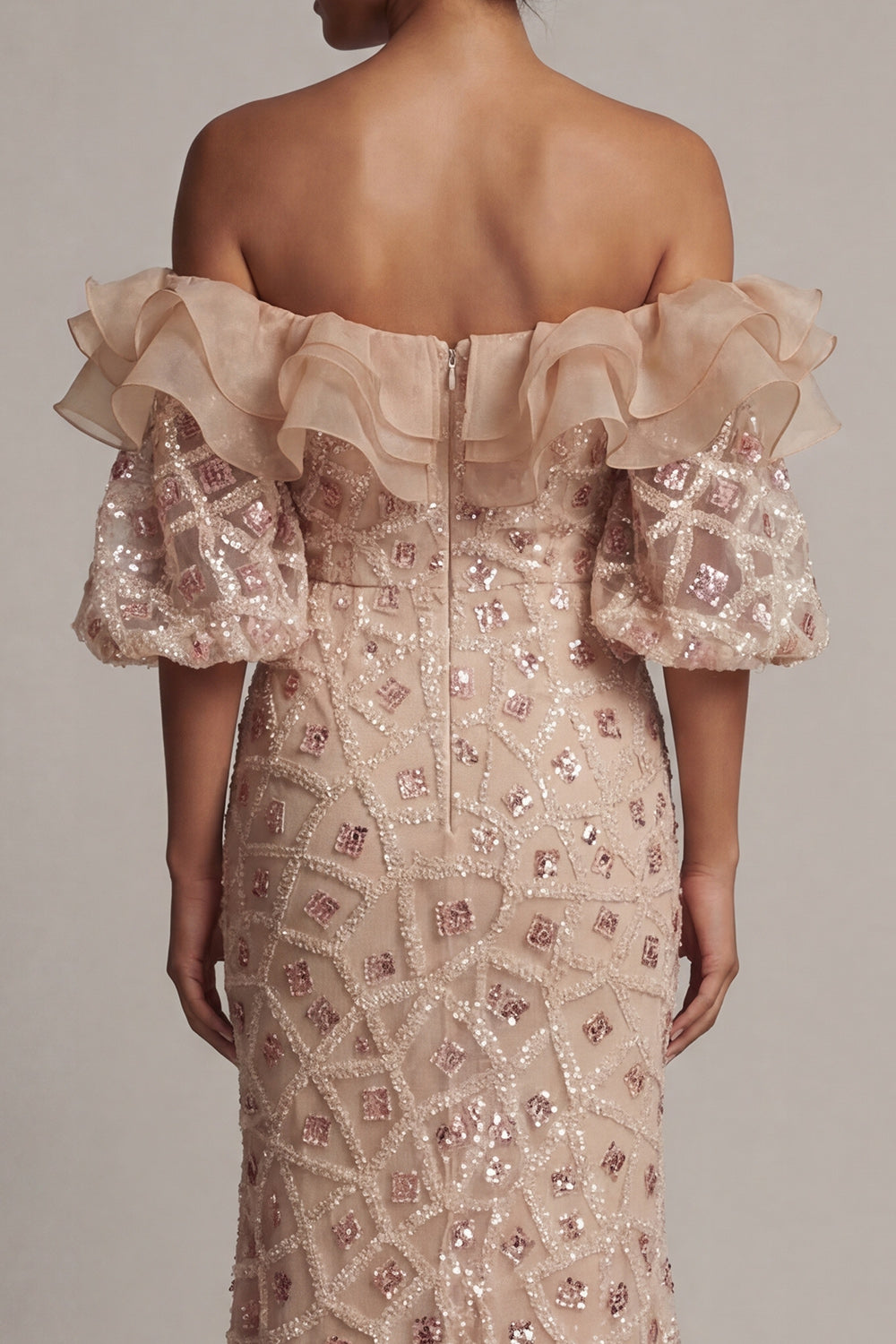Champagne Off-the-Shoulder Mermaid Sequined Long Mother of the Bride Dress with Slit