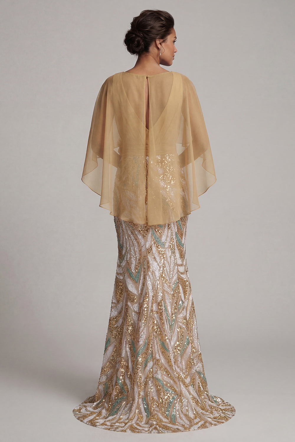 Sparkly Champagne Mermaid Sequins V-Neck Mother Of the Bride Dress with Cape