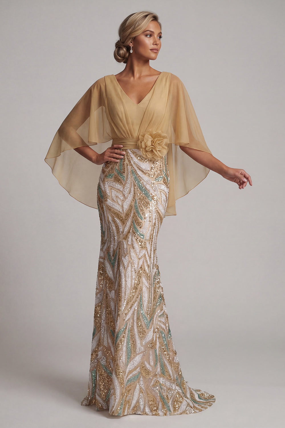 Sparkly Champagne Mermaid Sequins V-Neck Mother Of the Bride Dress with Cape