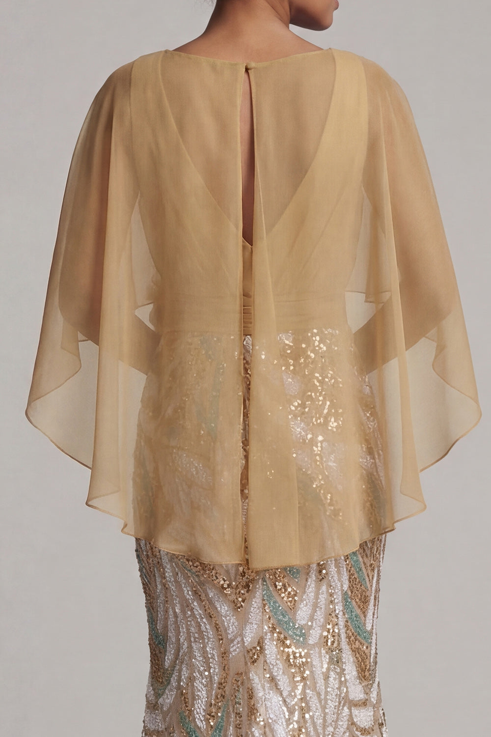 Sparkly Champagne Mermaid Sequins V-Neck Mother Of the Bride Dress with Cape