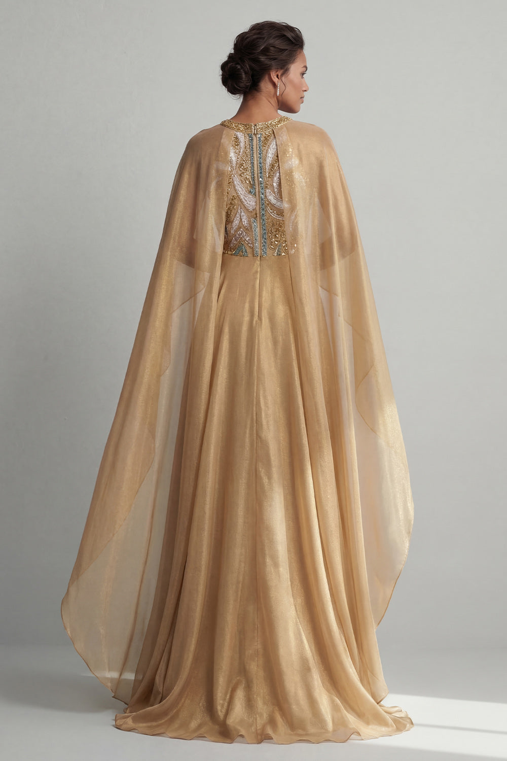 Champagne A-Line Round Neck Sequins Mother Of the Bride Dress with Long Sleeves