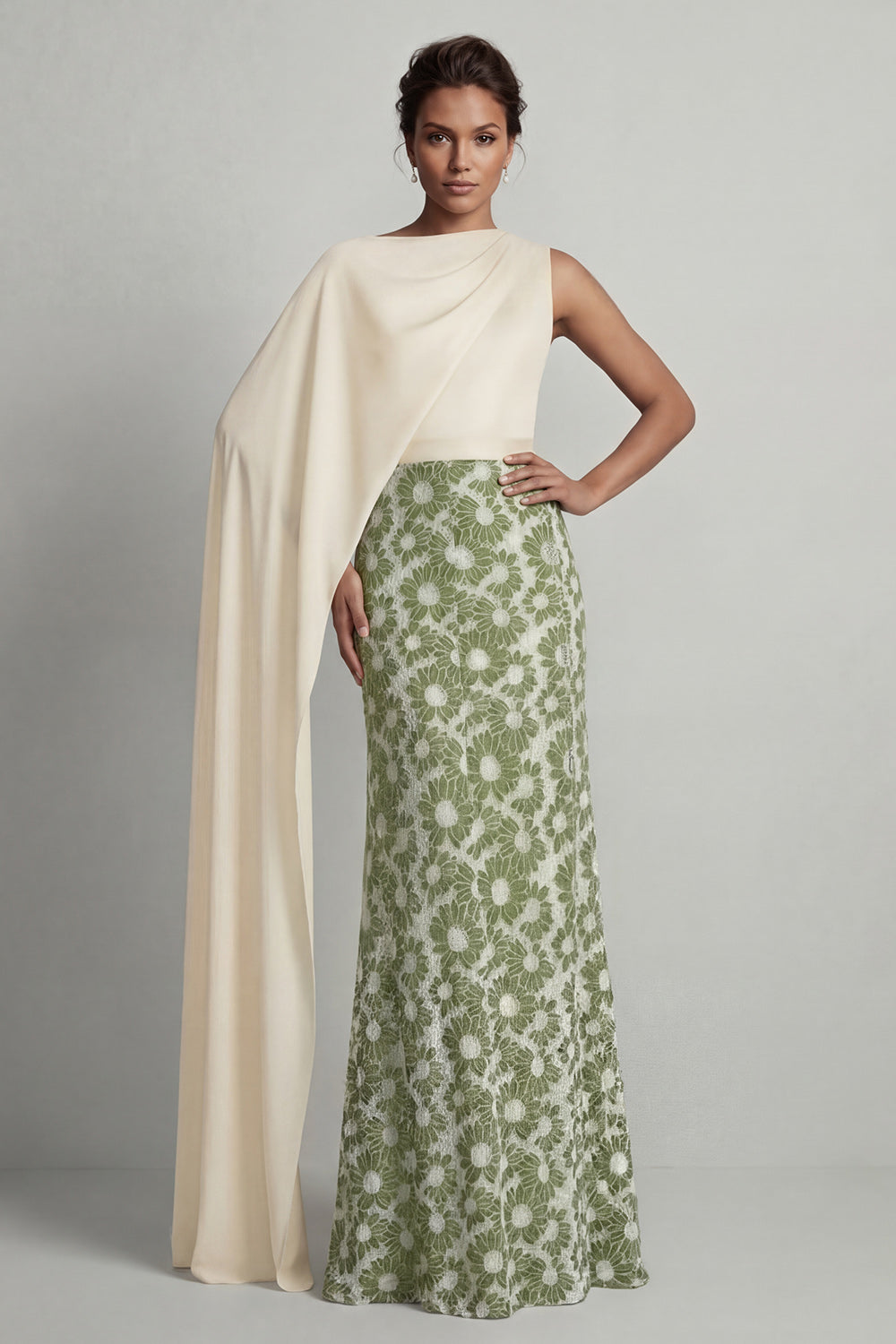 Green Round Neck Sheath Floral Long Mother Of The Bride Dress With Side Cape