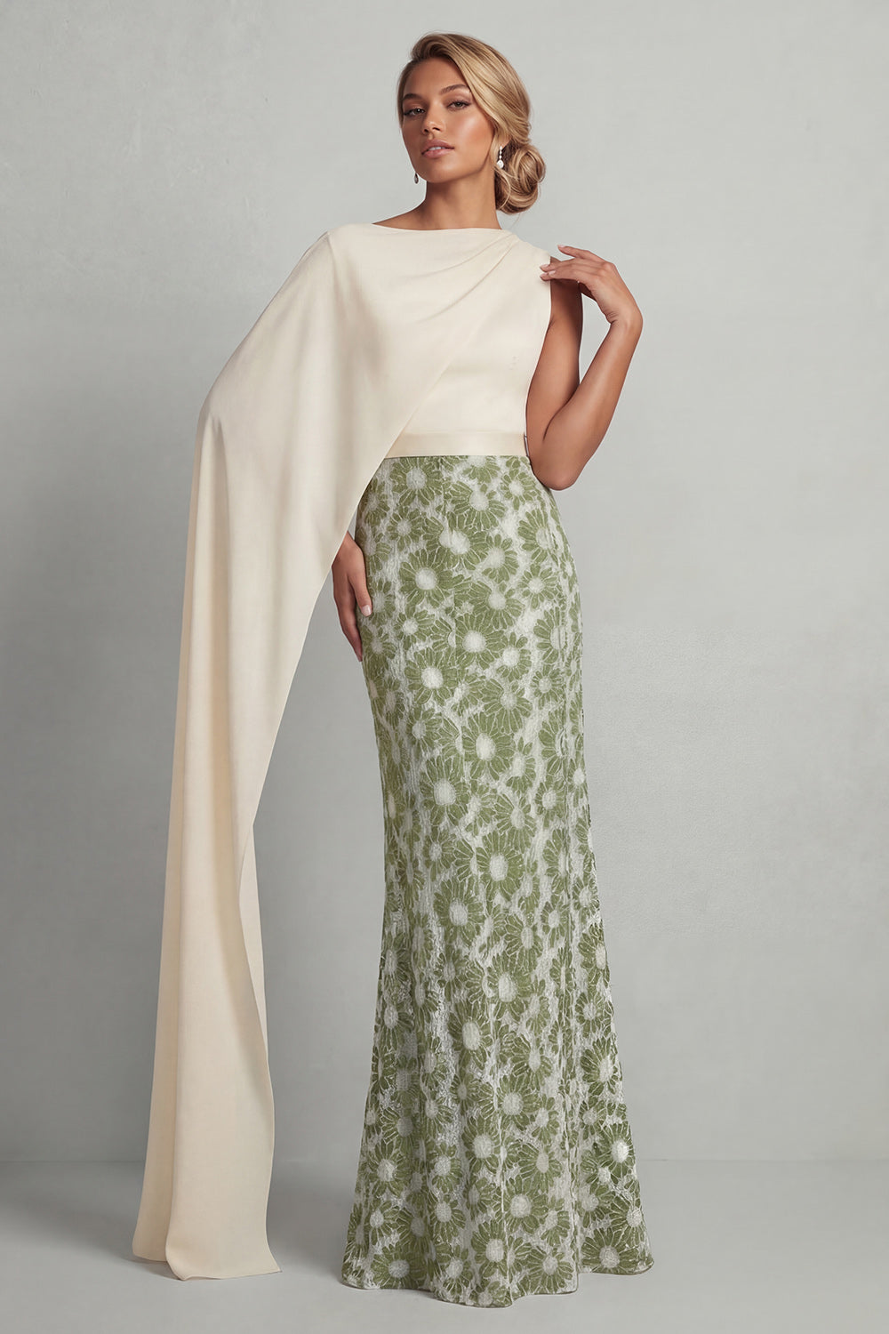Green Round Neck Sheath Floral Long Mother Of The Bride Dress With Side Cape