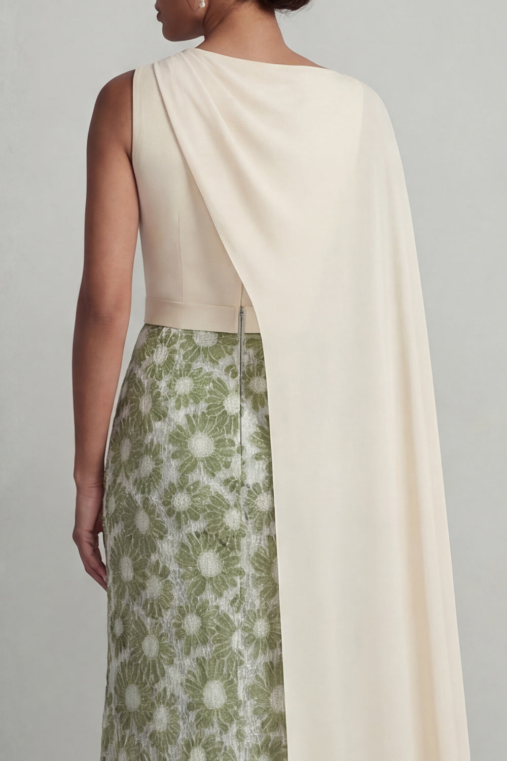 Green Round Neck Sheath Floral Long Mother Of The Bride Dress With Side Cape