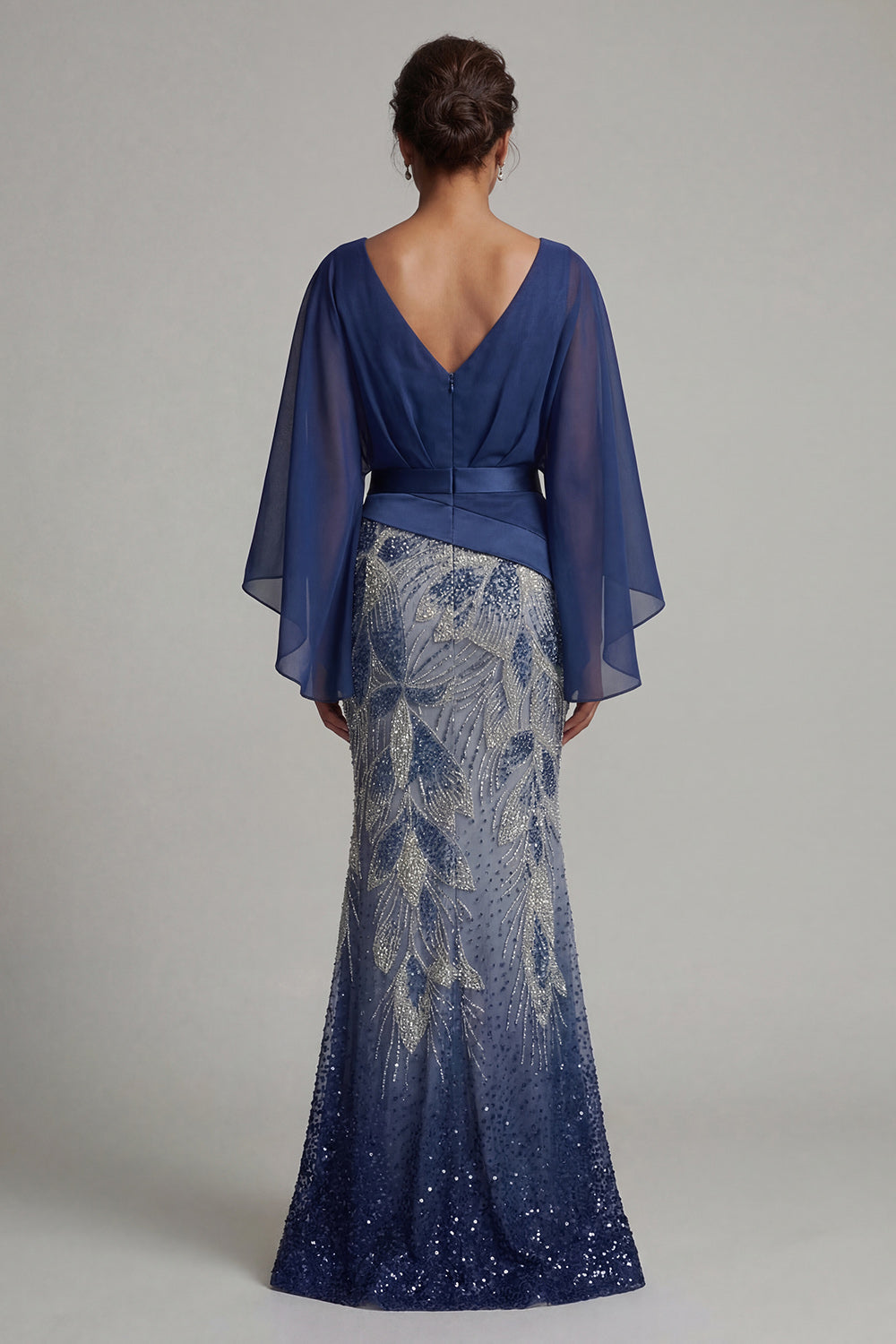 Sparkly Navy V-Neck Mermaid Mother of the Bride Dress with Cape Sleeves