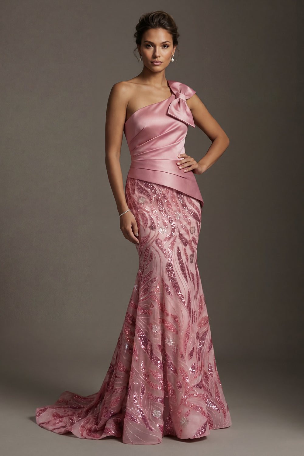 Sparkly One Shoulder Pink Mermaid Mother of the Bride Dress with Bow
