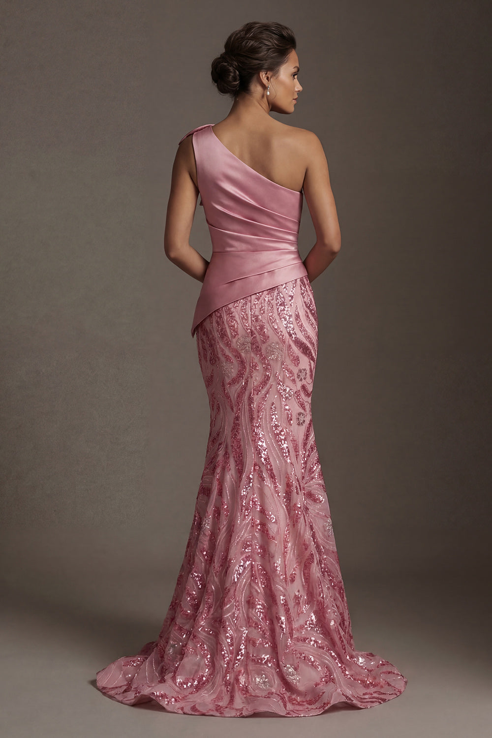 Sparkly One Shoulder Pink Mermaid Mother of the Bride Dress with Bow