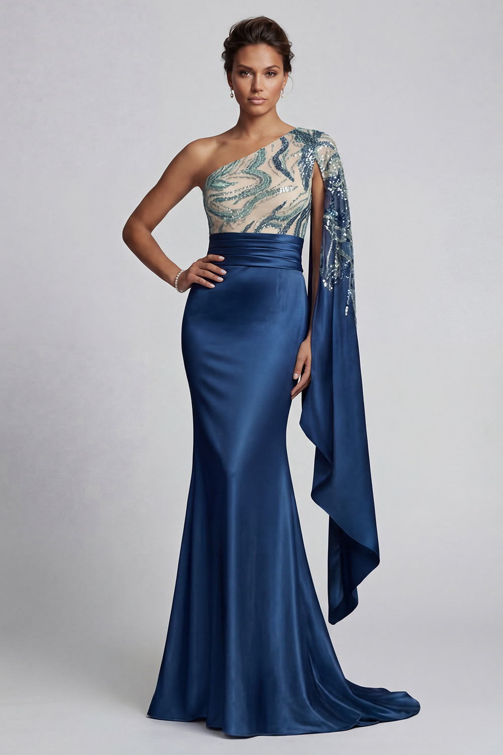 Robe sirène bleu marine à épaule unique pour mère de la mariée avec manches cape