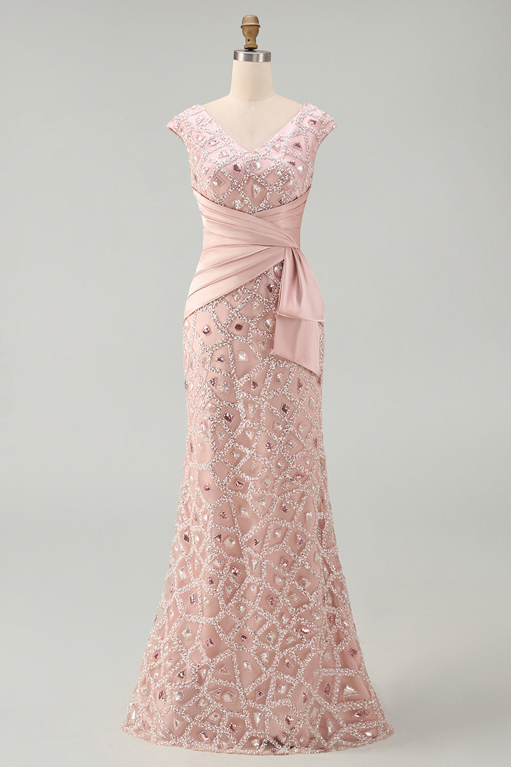 Vestido de sirena de cuello en V con cuentas en color rubor para la madre de la novia