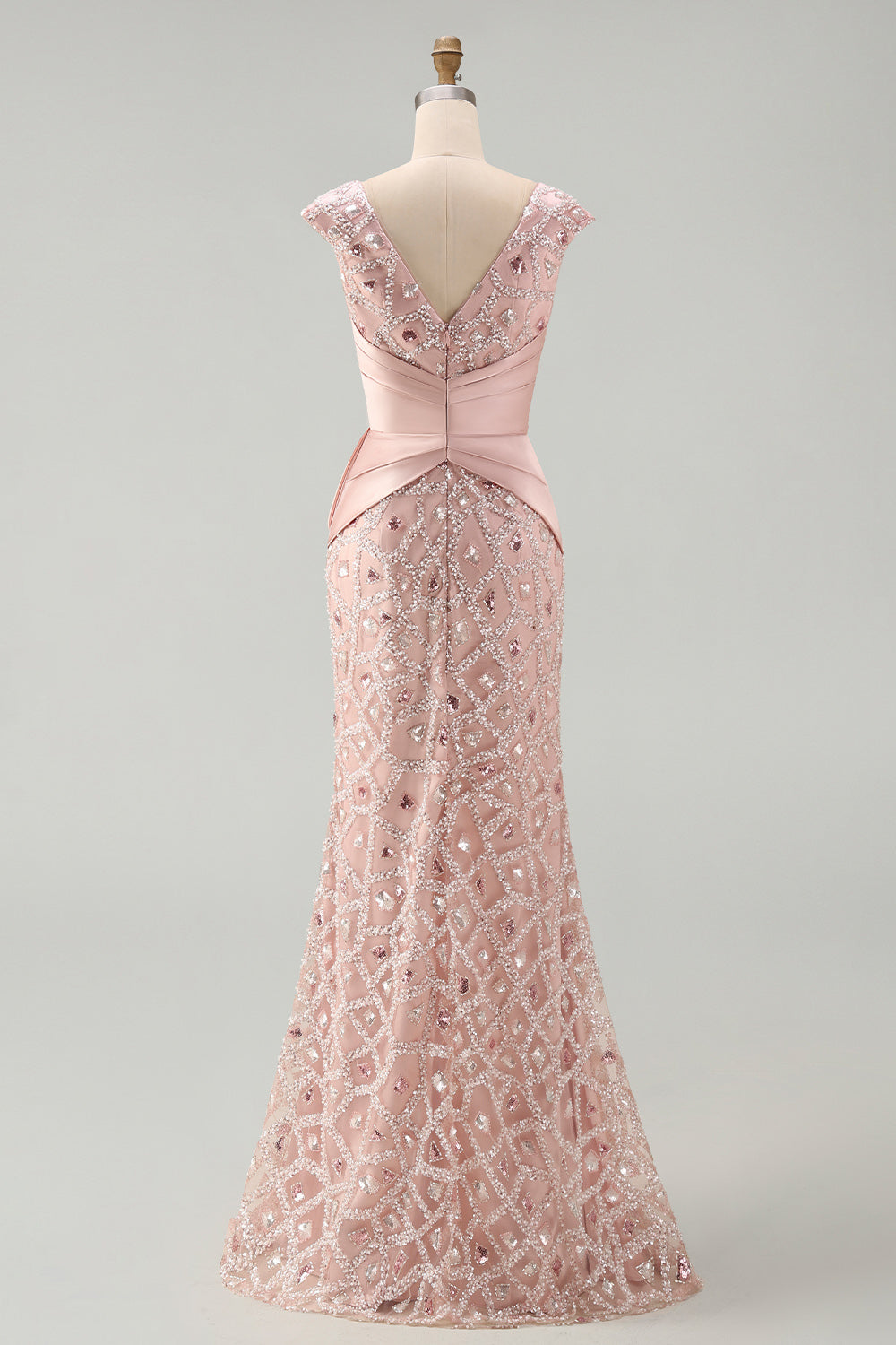 Vestido de sirena de cuello en V con cuentas en color rubor para la madre de la novia