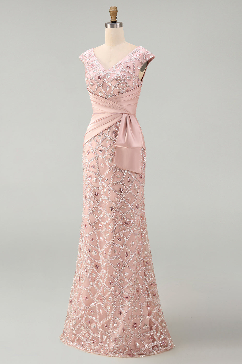 Vestido de sirena de cuello en V con cuentas en color rubor para la madre de la novia